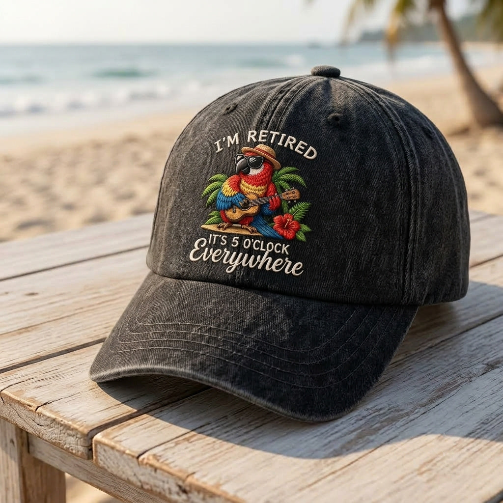 JBU I'm Retired It's 5 O'Clock Everywhere Parrot Denim Cap