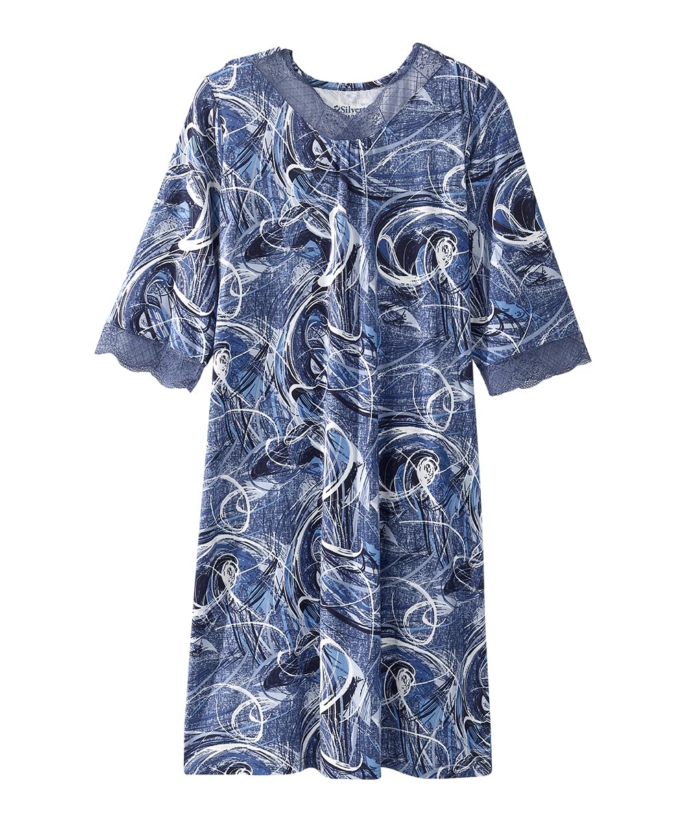 Silverts Adaptive Clothing Women Hospital Gowns for Women Hospital Gown Post Surgery Clothing for Women Sleep Gown Night Gowns for Elderly Women Patient Gown - Blue Swirl LGE