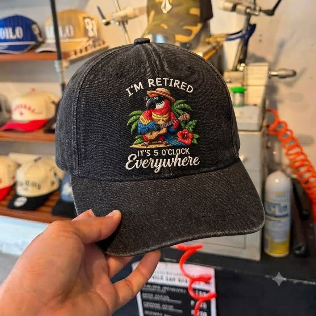 JBU I'm Retired It's 5 O'Clock Everywhere Parrot Denim Cap