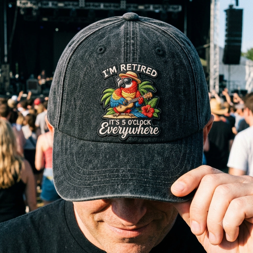 JBU I'm Retired It's 5 O'Clock Everywhere Parrot Denim Cap