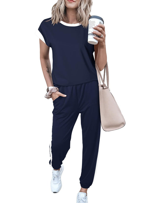 Dokotoo 2 Piece Sets For Women Summer Outfits Sweatsuit Colorblock Comfy Lounge Sets Short Sleeve Jogger Matching Sets Women Clothing Pajama Sets Womens Fashion