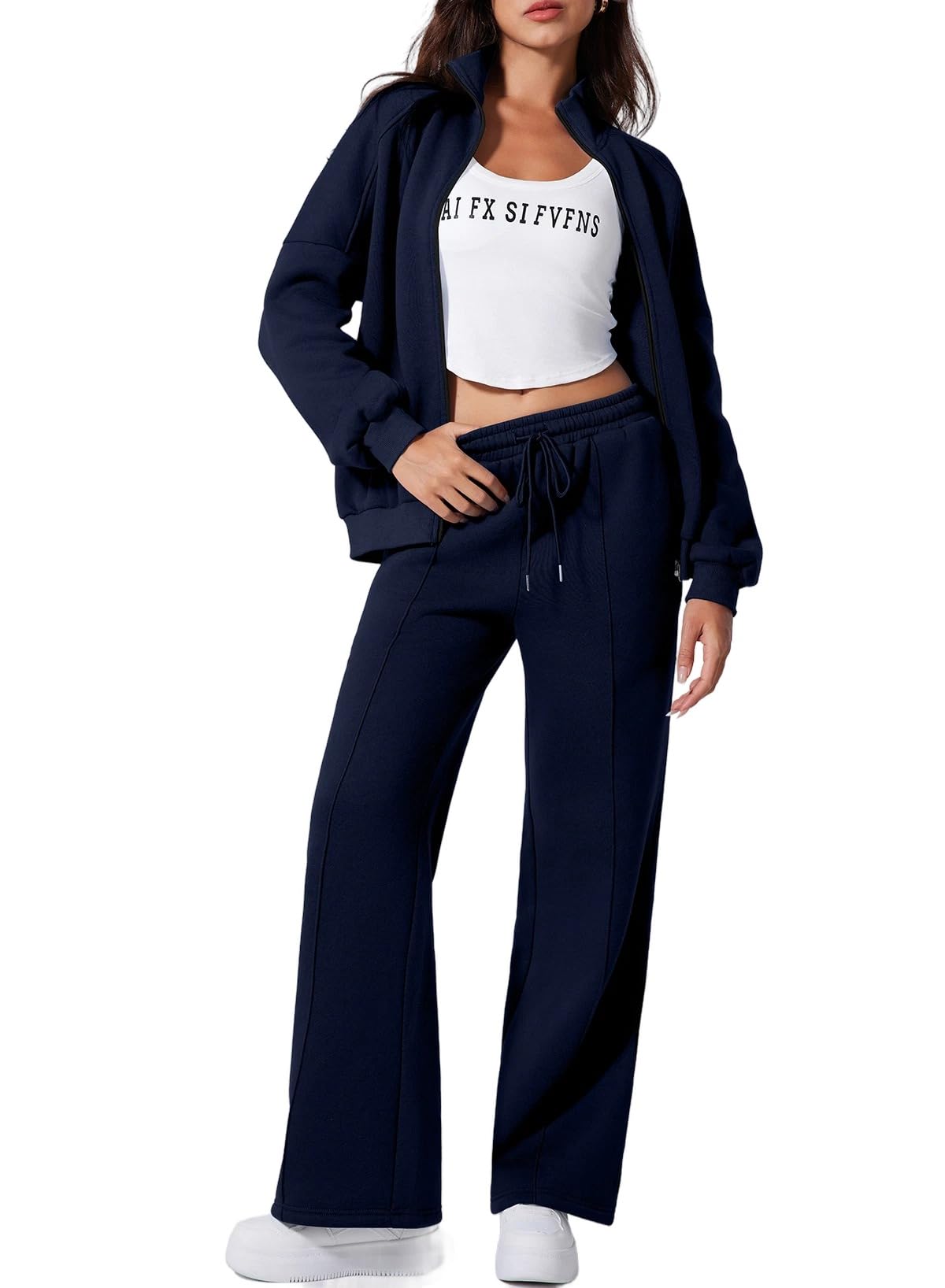 Aleumdr Matching Sets Women Clothing Two Piece Outfits Sweatsuit Tracksuits Sweat Sets Zip Up Jackets Fleece Lined Wide Leg Sweatpants 2024 Fall Athletic Travel Lounge Sets Blue 2XL